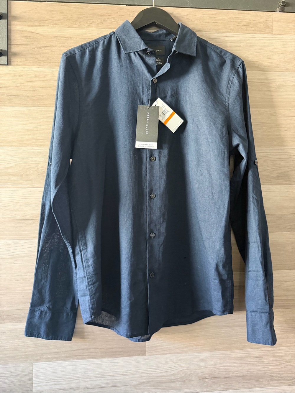 Perry Ellis Men's Standard Fit Linen Blend Navy Long Sleeve Button-Up Shirt S